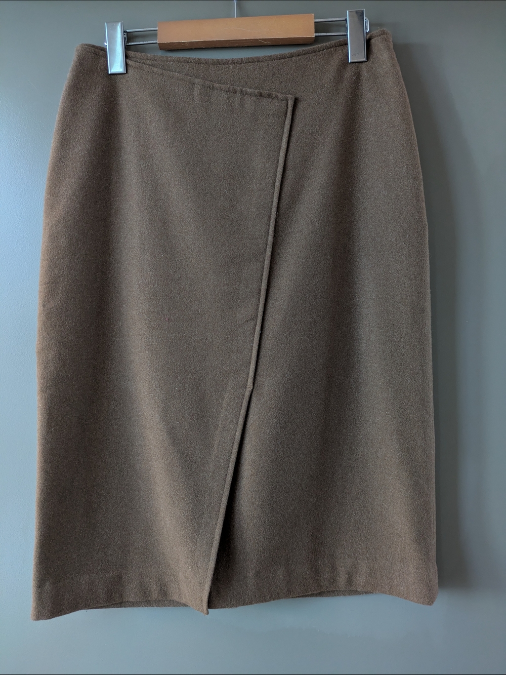 Contemporaine Wool Blend Asymmetric Wrap Pencil Skirt Brown Size 4 Office Siren